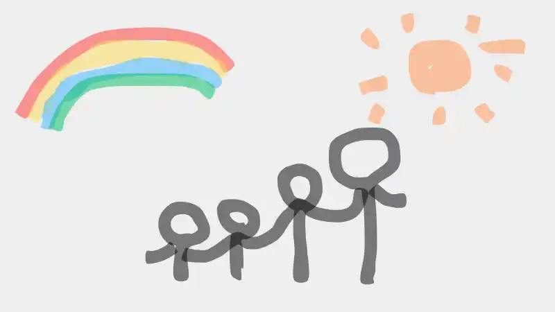 虹と太陽と4人家族の絵
